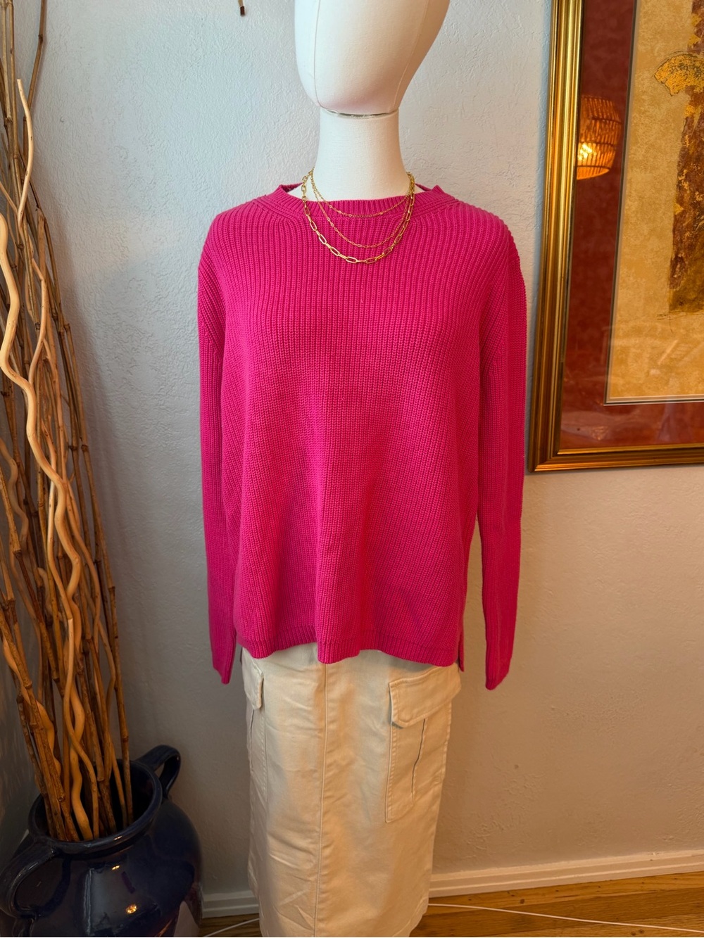 Olivaceous Hot Pink Ribbed Crewneck Sweater